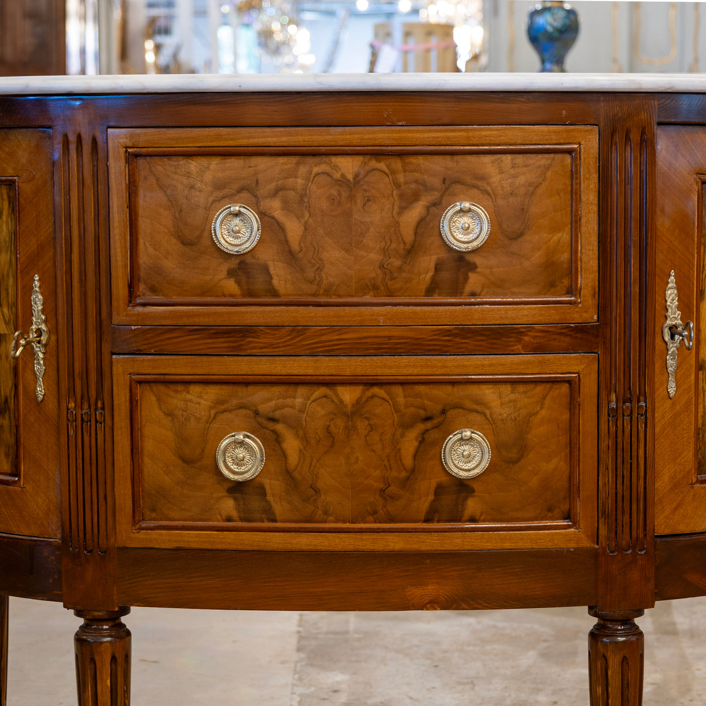 Louis XVI Demilune Chest – Burl Wood with White Marble Top