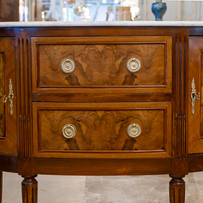 Louis XVI Demilune Chest – Burl Wood with White Marble Top