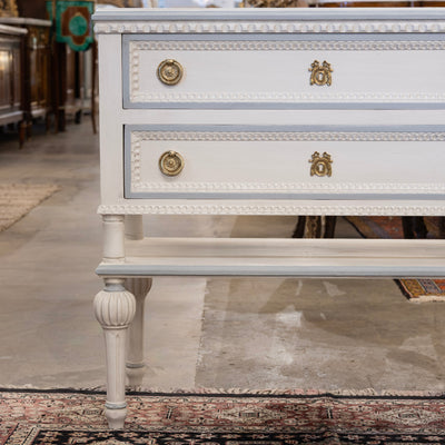 Swedish 2-Drawer Chest with Shelf– White with Blue Trim