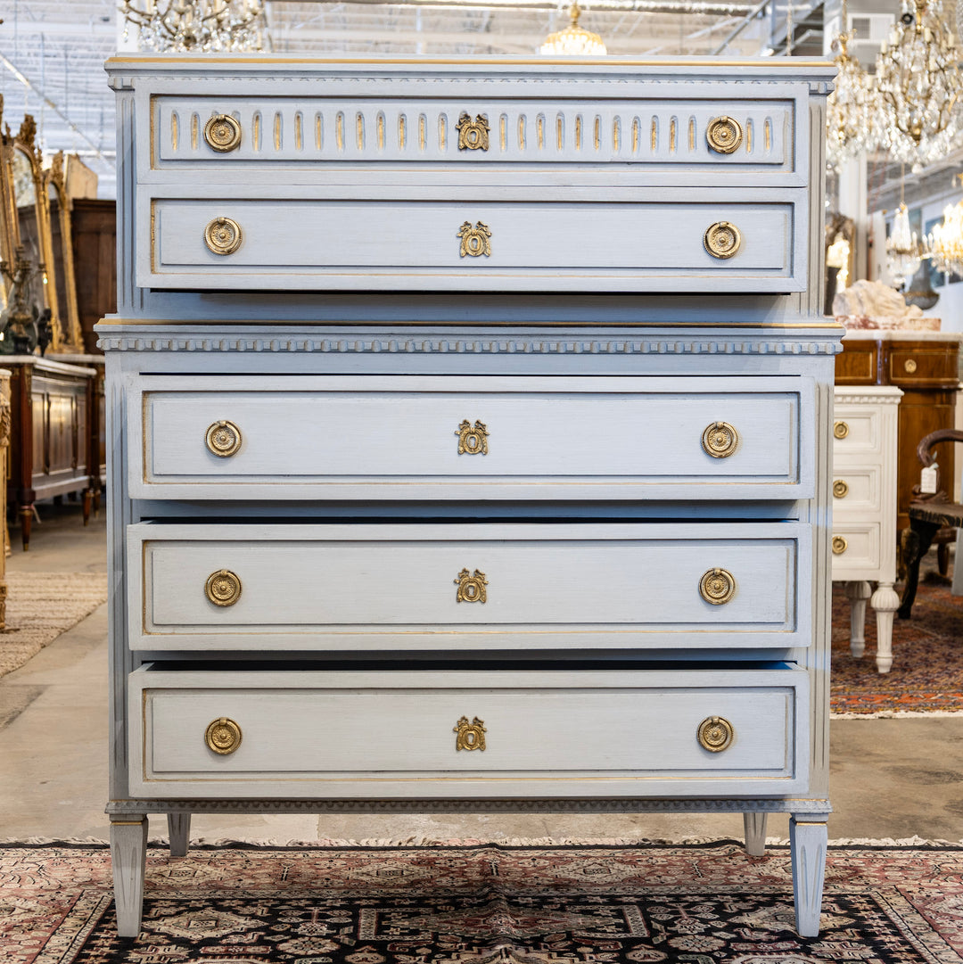 Swedish Tall Chest – Blue with Gold Trim and Brass Hardware – Le Chateau