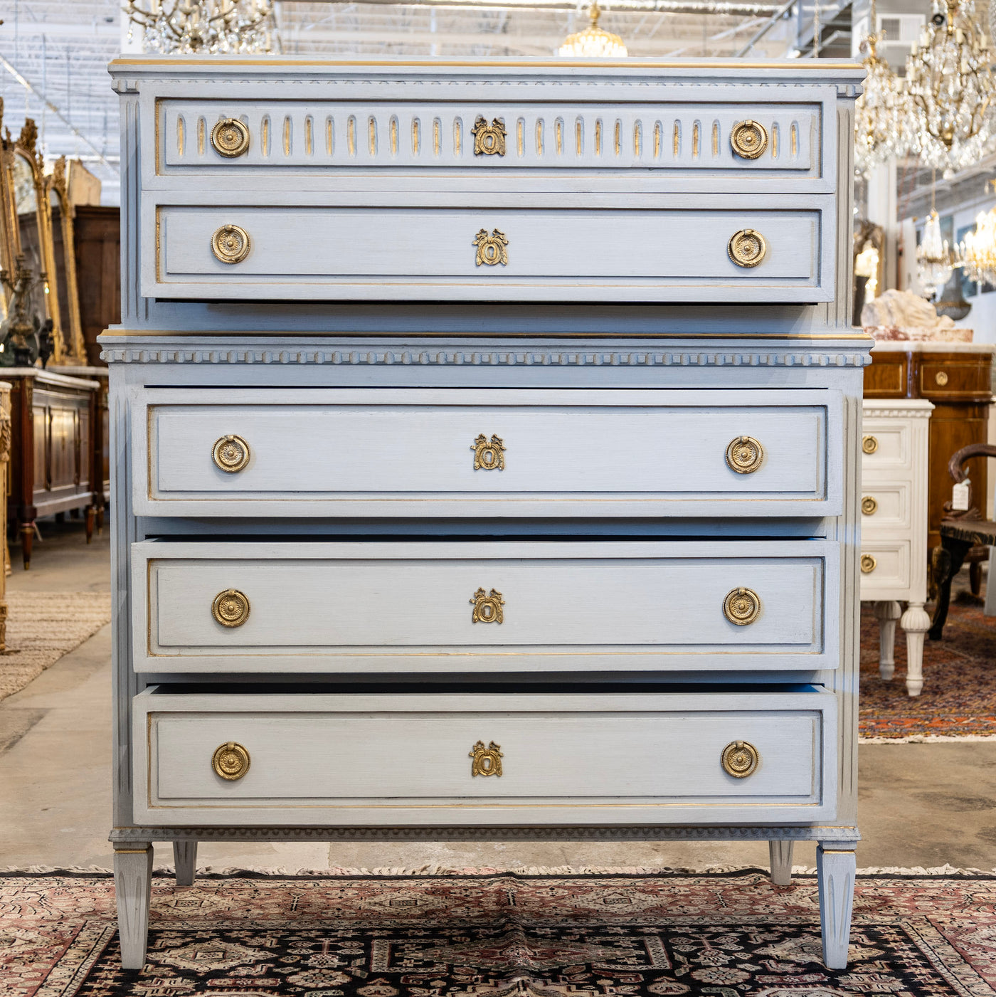 Swedish Tall Chest – Blue with Gold Trim and Brass Hardware
