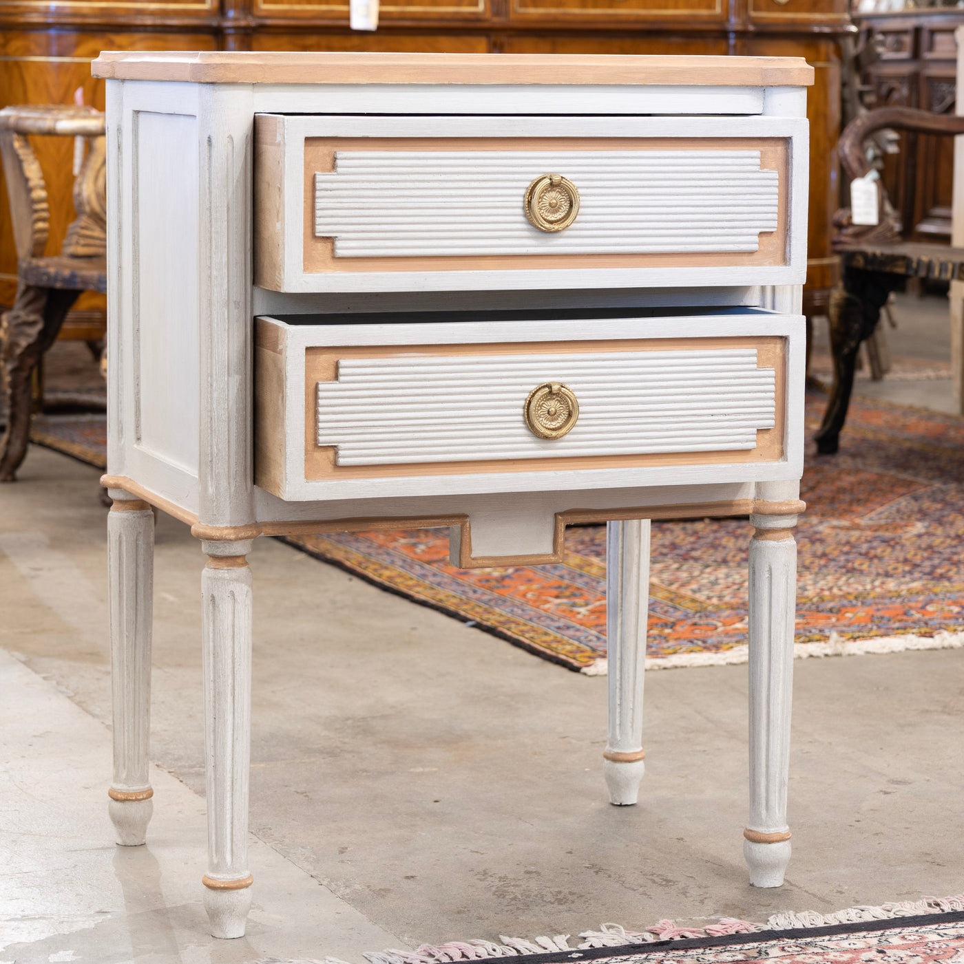Swedish 2-Drawer Nightstand – Reeded Carved Block With Peach Trim