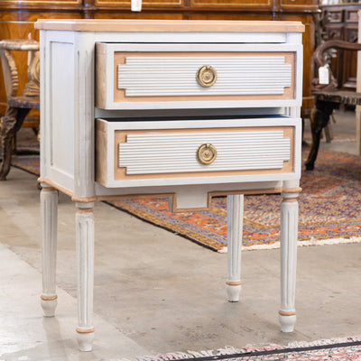 Swedish 2-Drawer Nightstand – Reeded Carved Block With Peach Trim