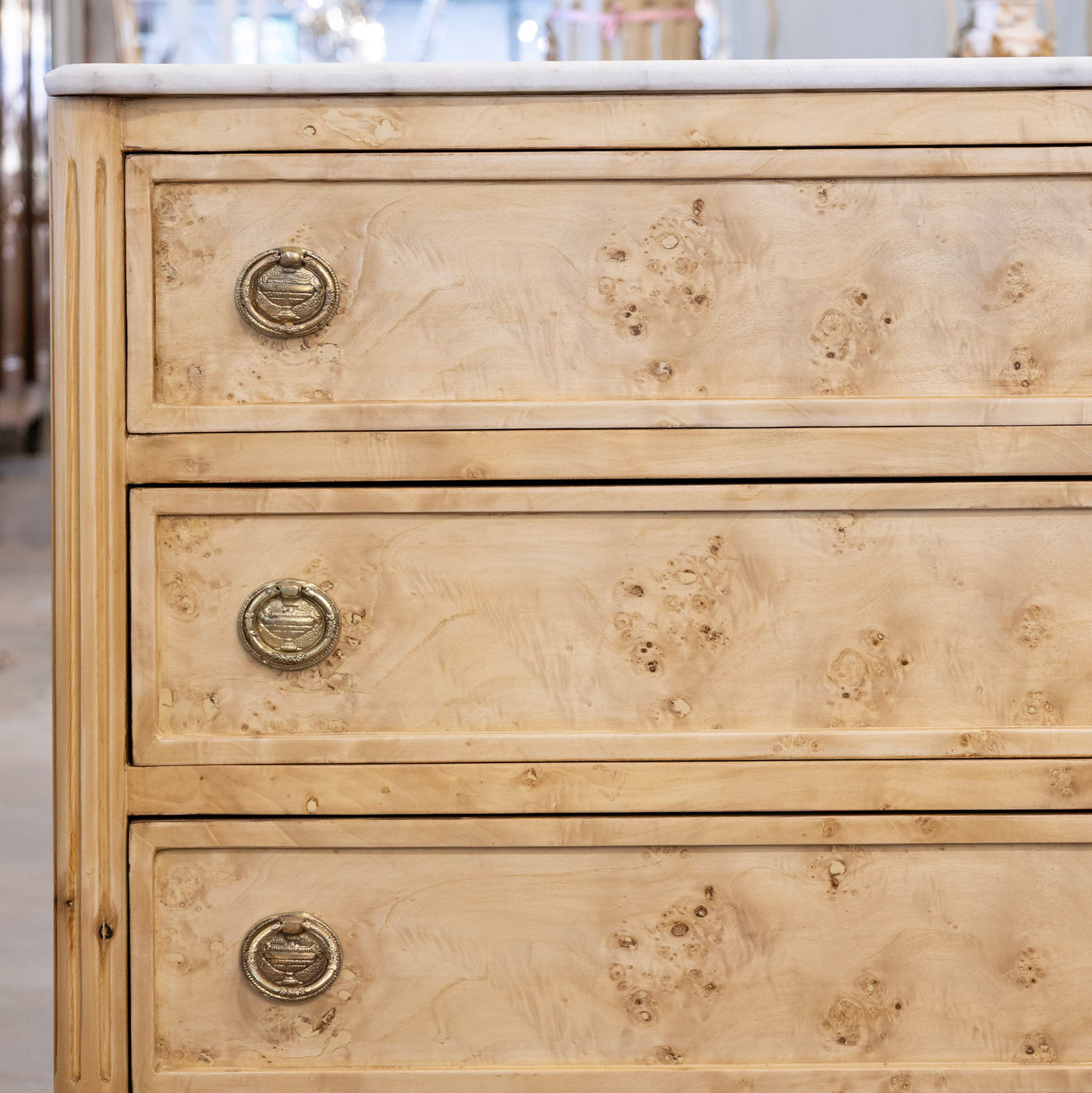 Louis XVI Burl Chest – Light Stripped Wood & White Marble Top