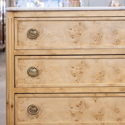 Louis XVI Burl Chest – Light Stripped Wood & White Marble Top