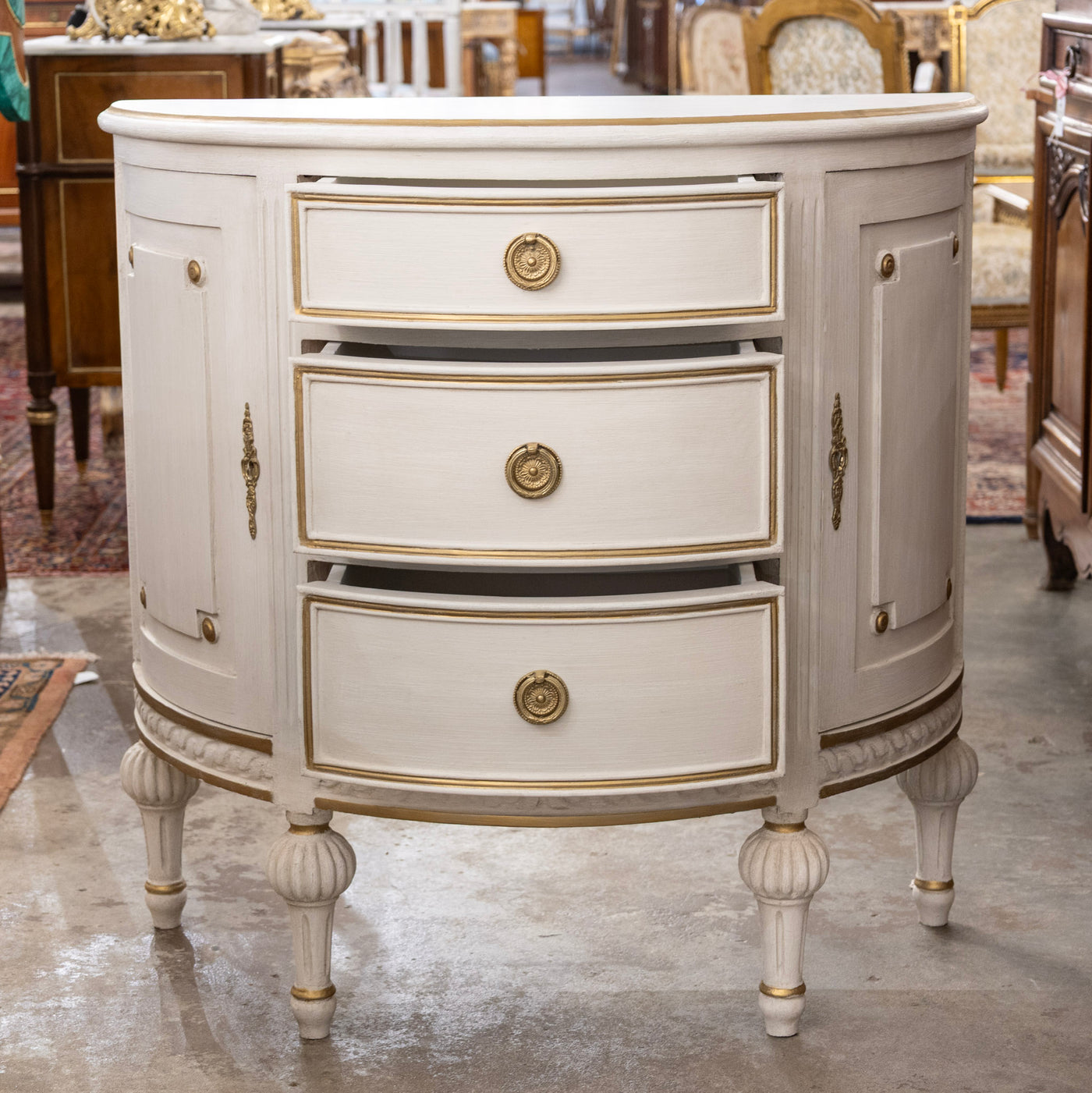Swedish Demilune Chest – White with Gold Trim