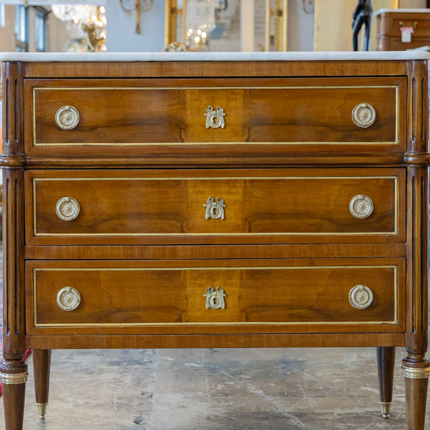 Louis XVI Burl Wood Nightstand – Gold Inlay & White Marble Top