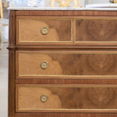 Louis XVI Light Burl Wood 3-Drawer Chest – White Marble Top