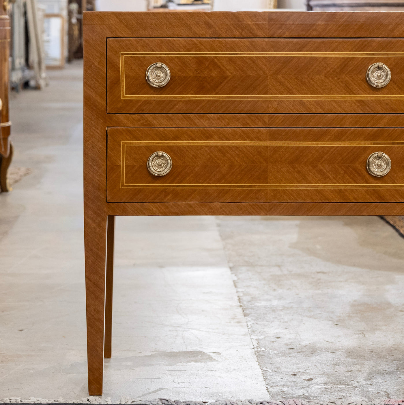 Art Deco Burl Wood 2-Drawer Chest – Inlaid Panels & Brass Pulls
