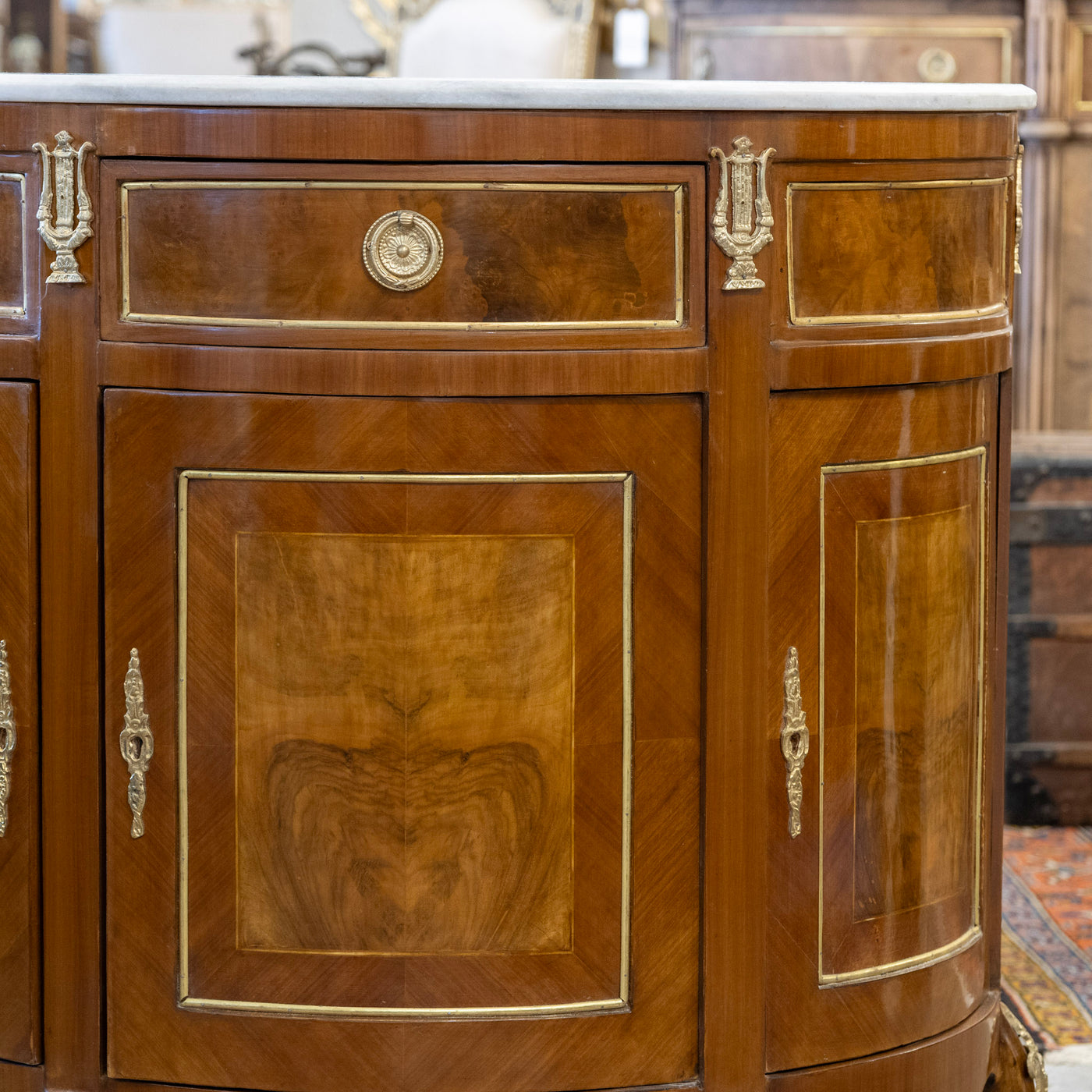 Louis XV Demilune Burl Wood Nightstand – White Marble Top & Ormolu Mounts