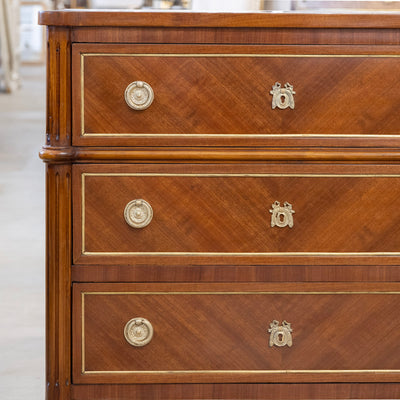 Louis XVI Burl Wood 3-Drawer Nightstand – Rounded Corners and Gold Inlay