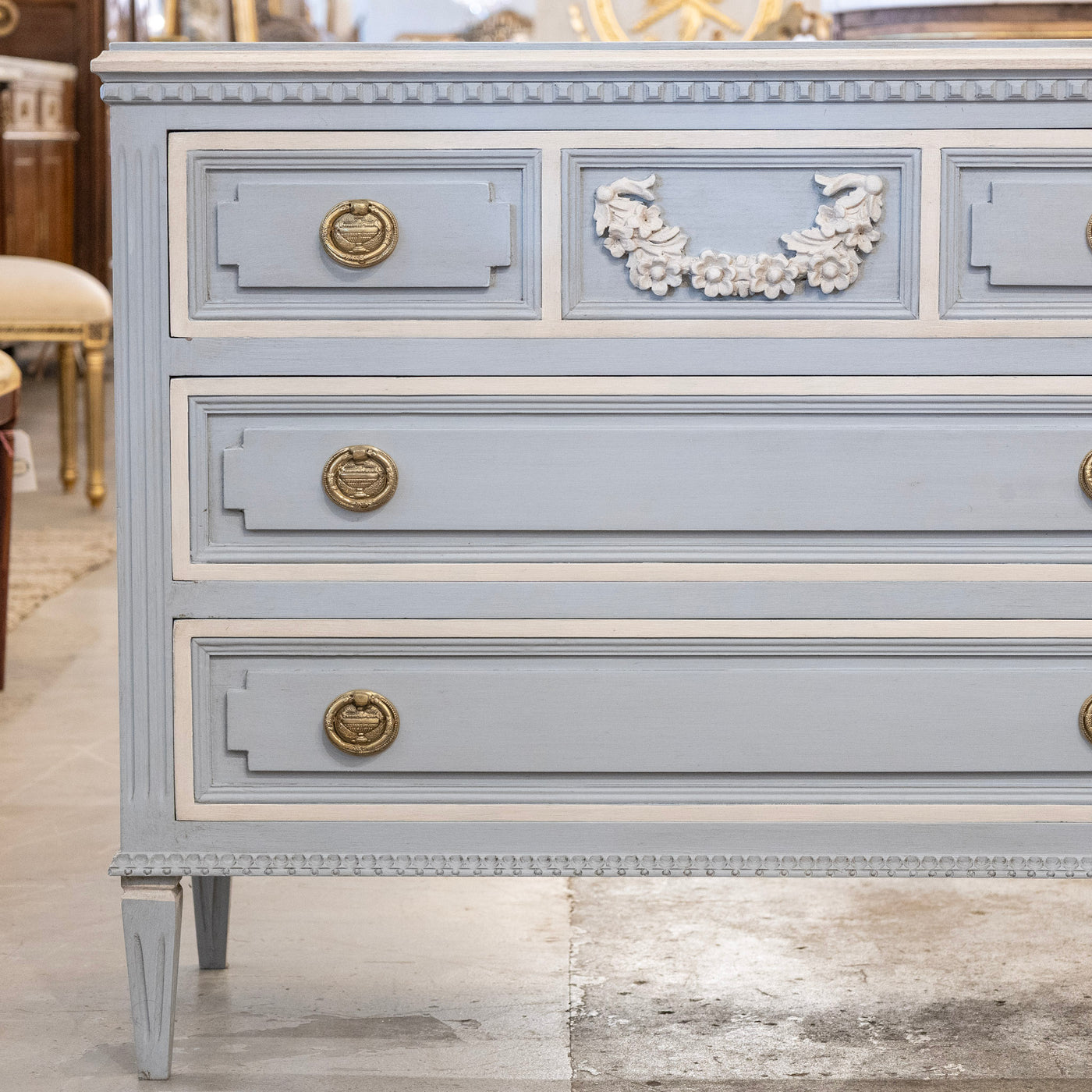 Swedish 3-Drawer Chest in French Blue – Carved Floral Detailing & White Trim