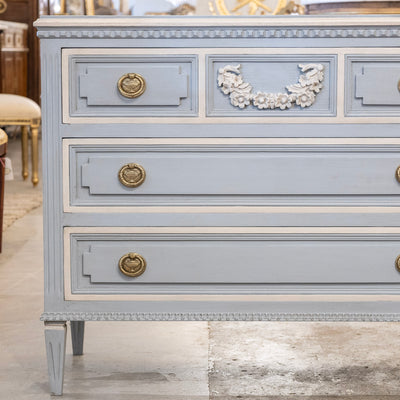 Swedish 3-Drawer Chest in French Blue – Carved Floral Detailing & White Trim