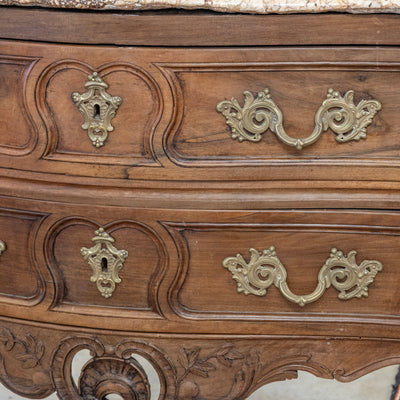 Louis XV 18th Century Walnut Chest – Carved Apron & Breccia Pernice Marble Top