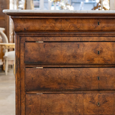 Louis Philippe Burl Wood Chest – White Marble Top & Floral-Lined Drawers