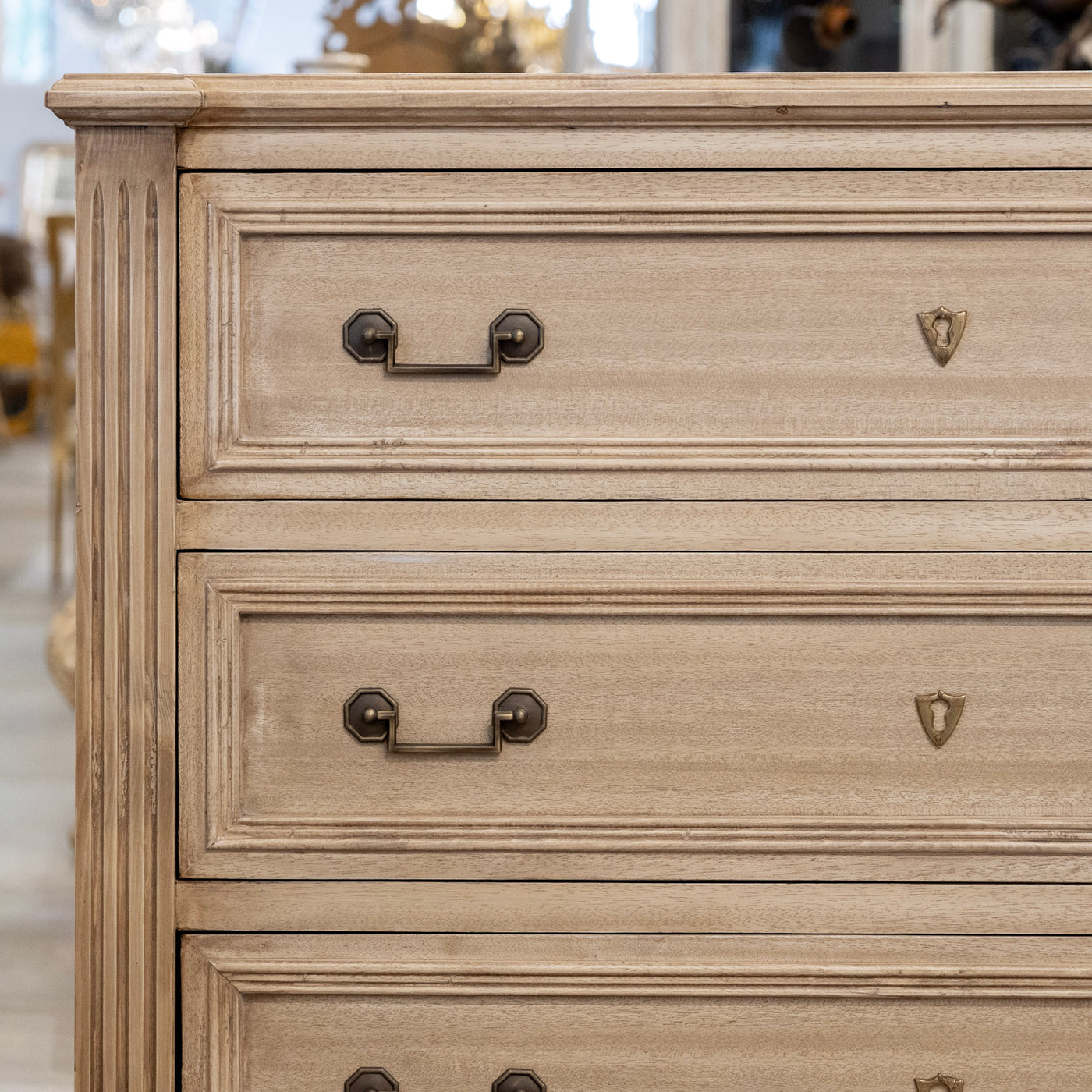 French Oak Stripped 3-Drawer Chest – Fluted Columns & Square Pulls