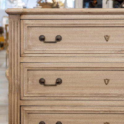 French Oak Stripped 3-Drawer Chest – Fluted Columns & Square Pulls