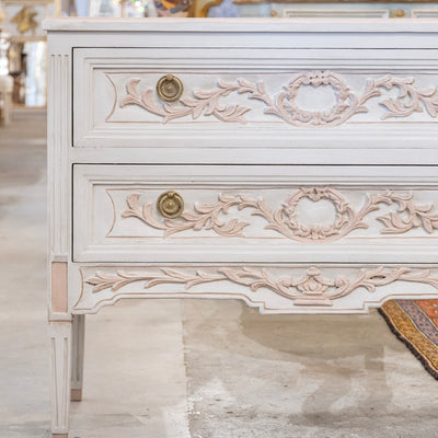 Swedish 2-Drawer Chest in Antique White – Pink Carved Floral Motifs