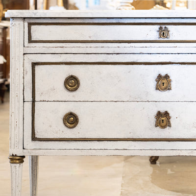 Louis XVI 3-Drawer Chest – White Distressed Finish with Marble Top