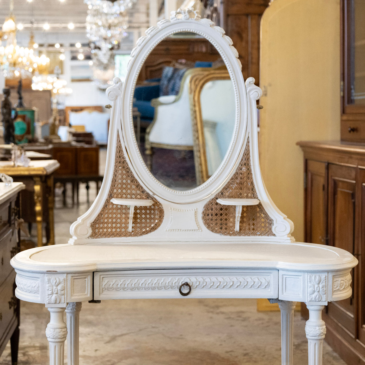 Swedish White Vanity – Oval Mirror & Cane Panels