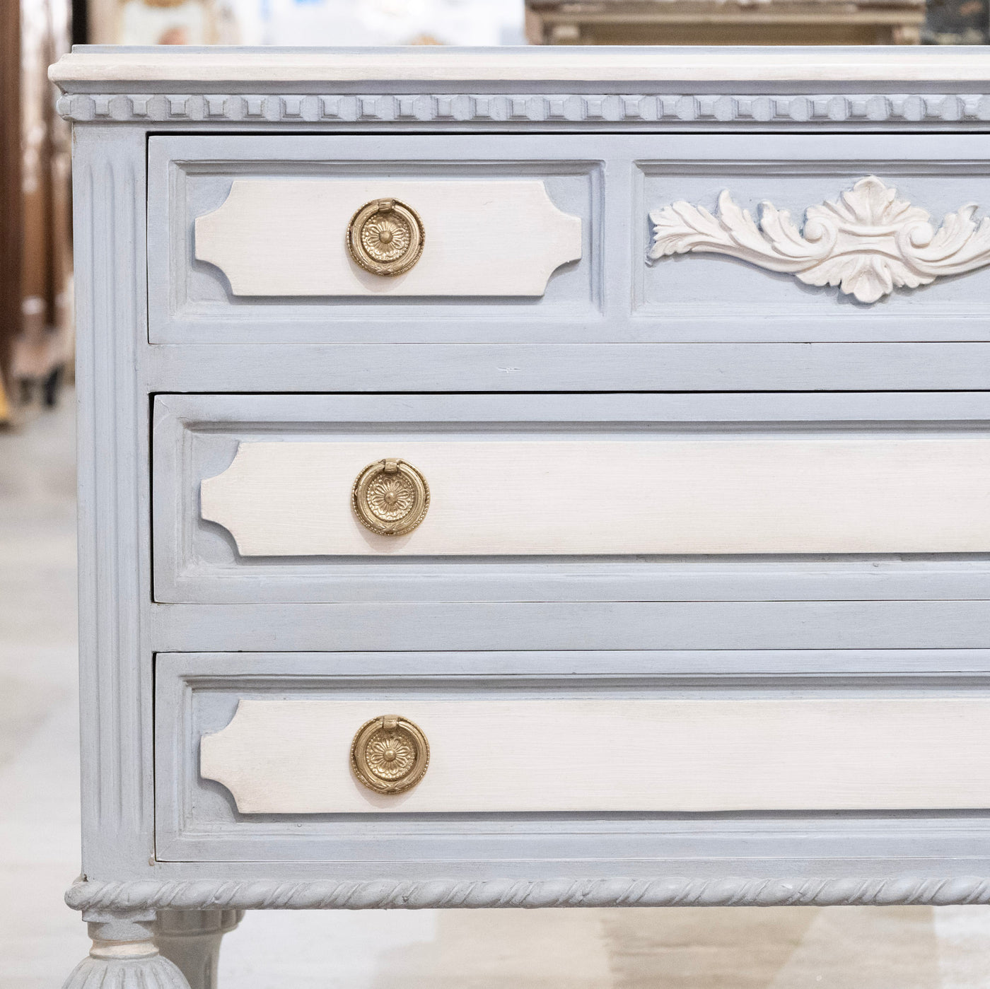 Swedish 3-Drawer Chest – Blue & White Finish with Floral Carving