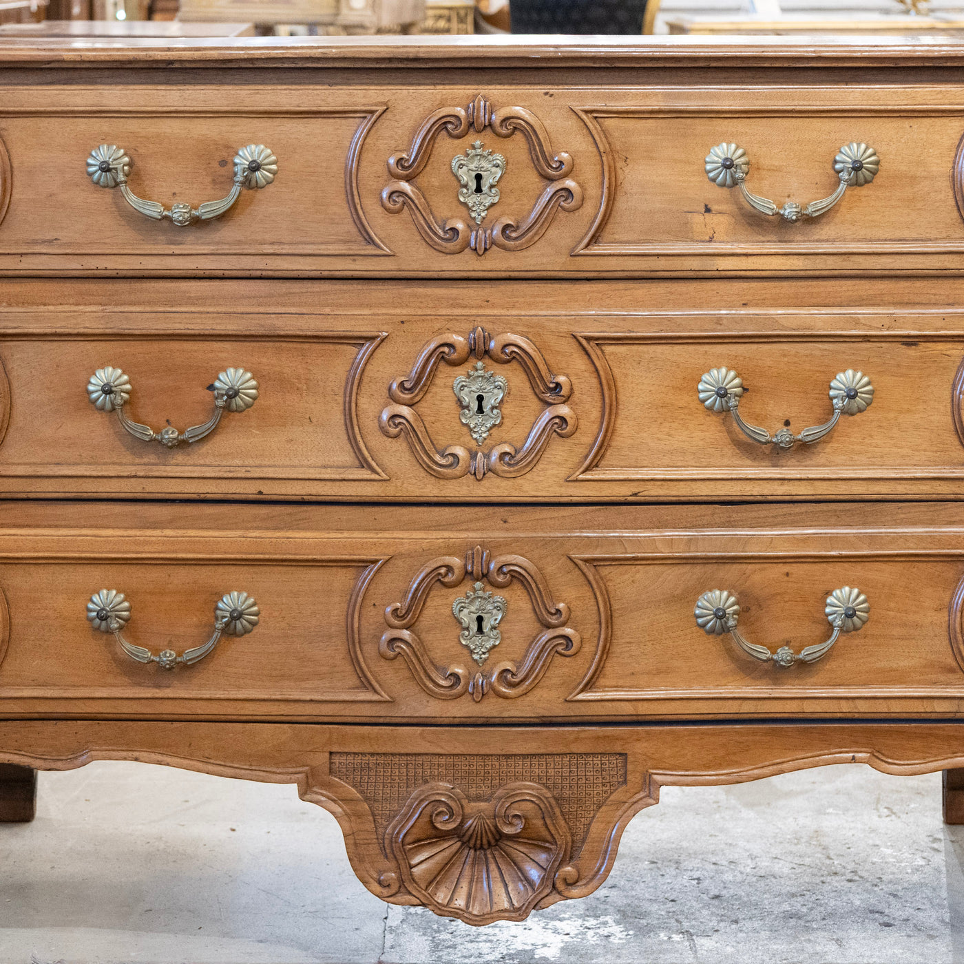 18th Century Wood Chest – Hand-Carved Details & Brass Rosette Pulls