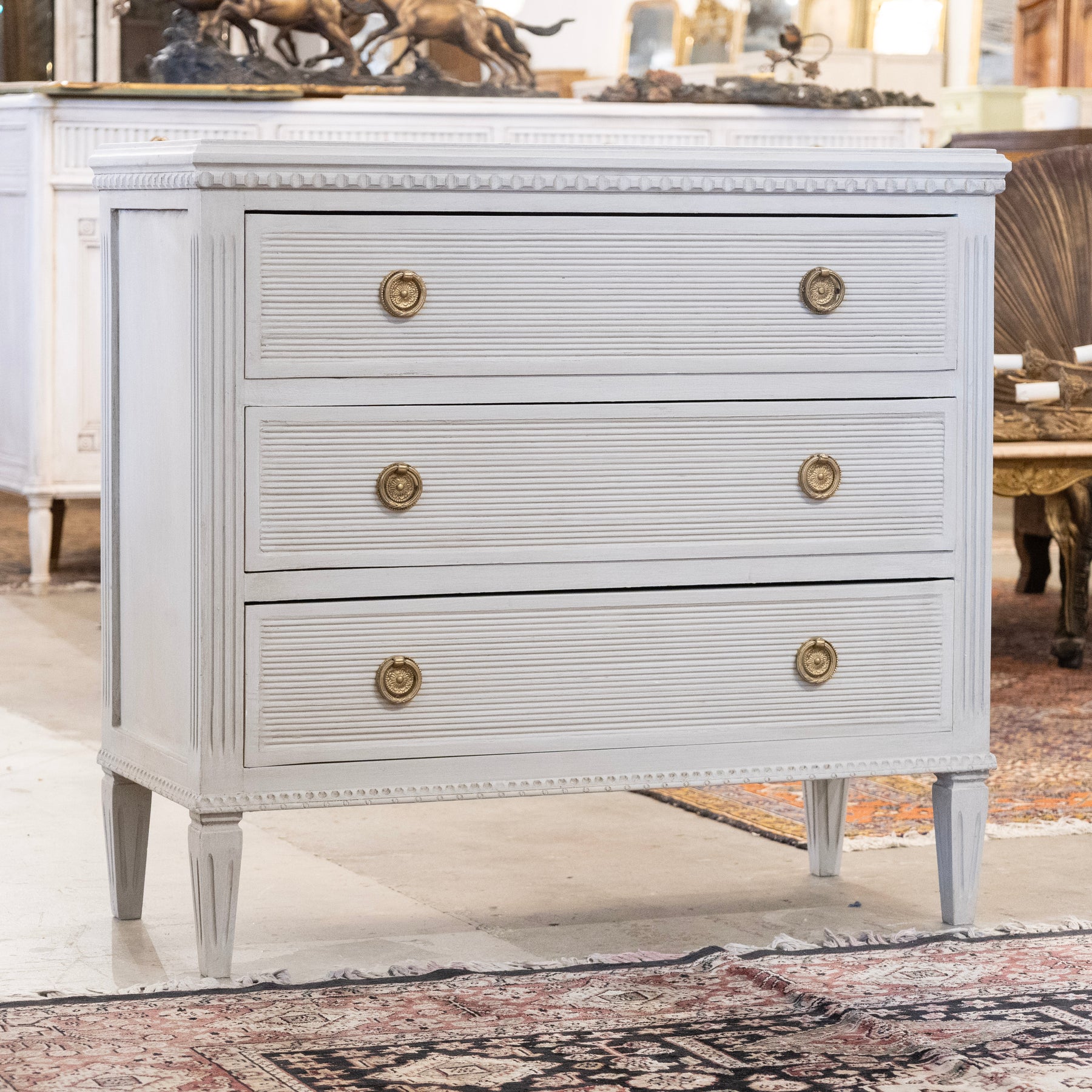 Swedish 3-Drawer Chest – Reeded & Fluted Trim in French Grey – Le Chateau