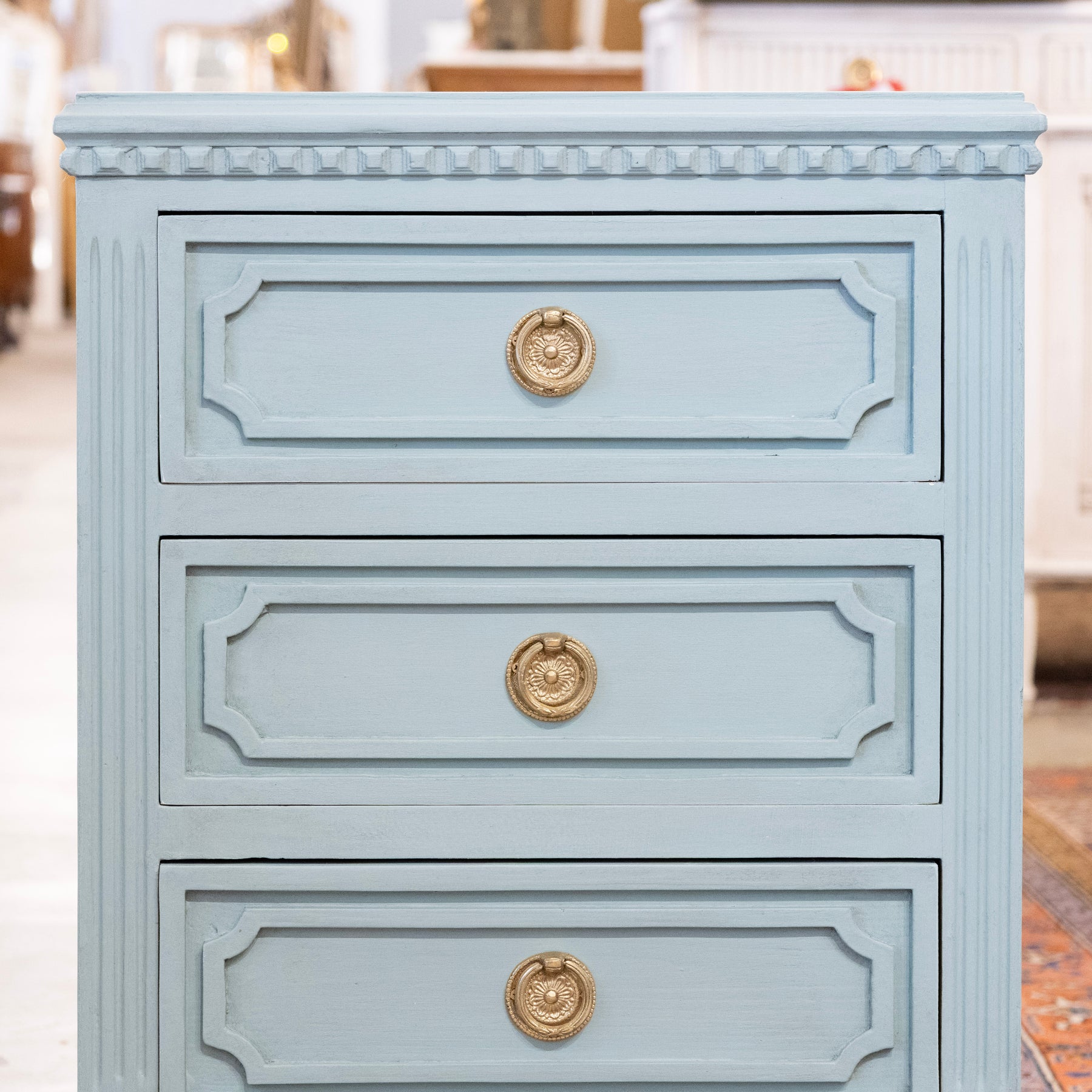 Swedish 3-Drawer Nightstand – Open Block Trim & Fluted Legs in Green ...