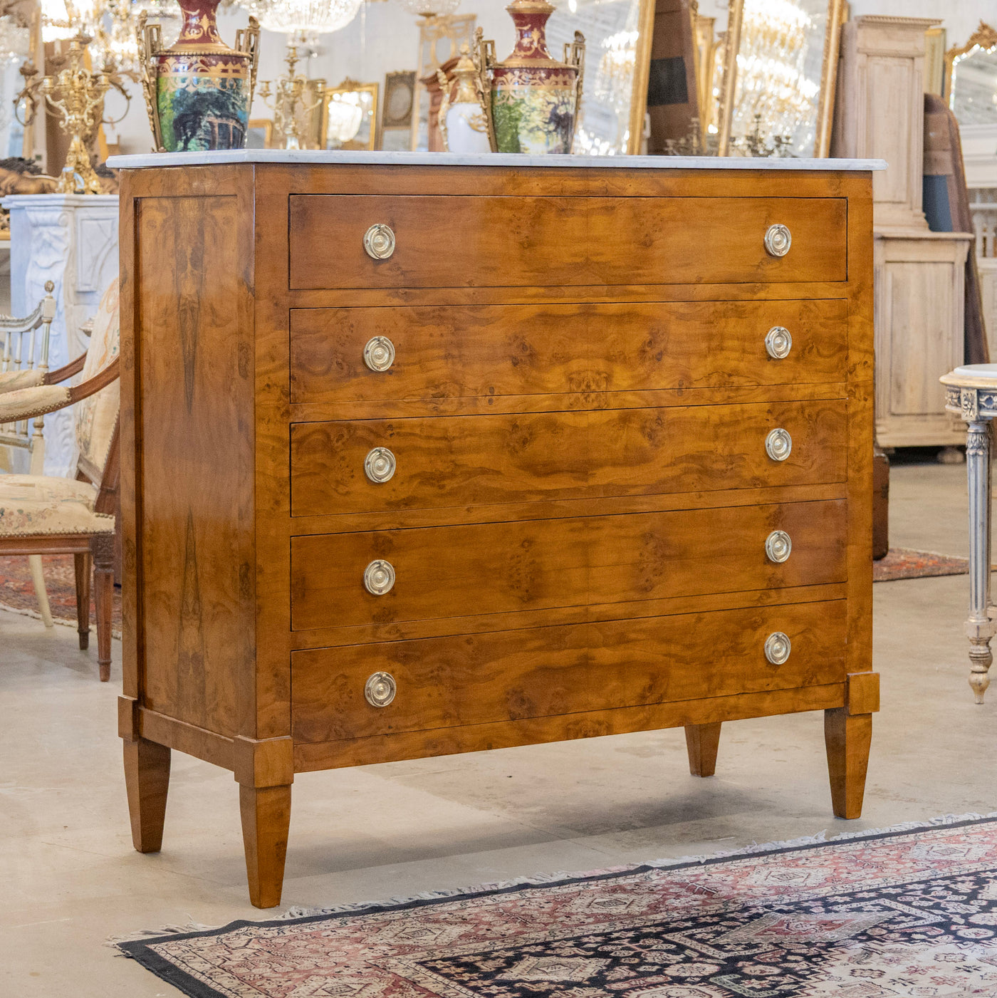 Art Deco Burl Wood Dresser – White Marble Top & Round Pulls