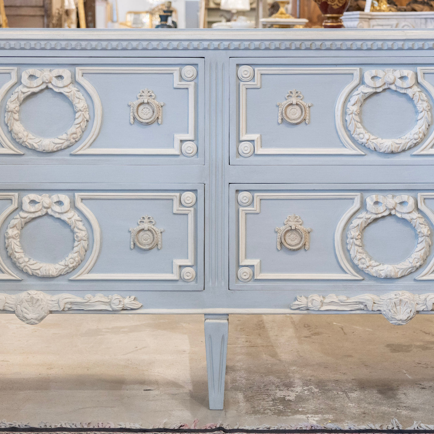 blue dresser ideas Swedish Four Drawer – Bow Wreath Carvings & White Trim – Le Chateau Number:2 material-Velvet Bandeau Ruffle Detail Maxi Five sided hardwood plywood