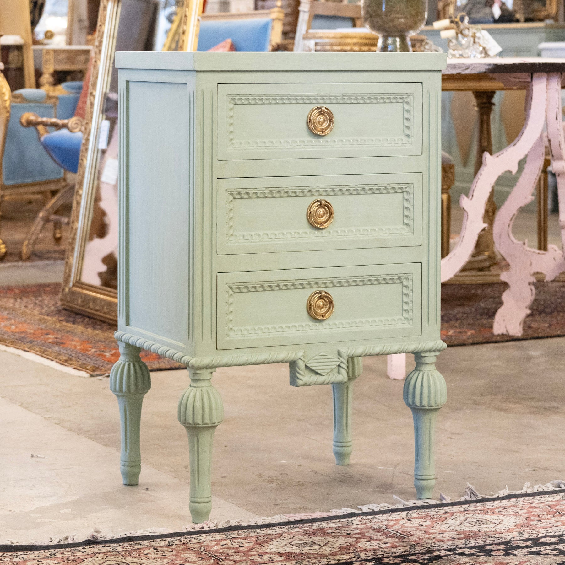 Swedish 3 Drawer Green Nightstand - Twisted Trim & Ballerina Legs – Le ...