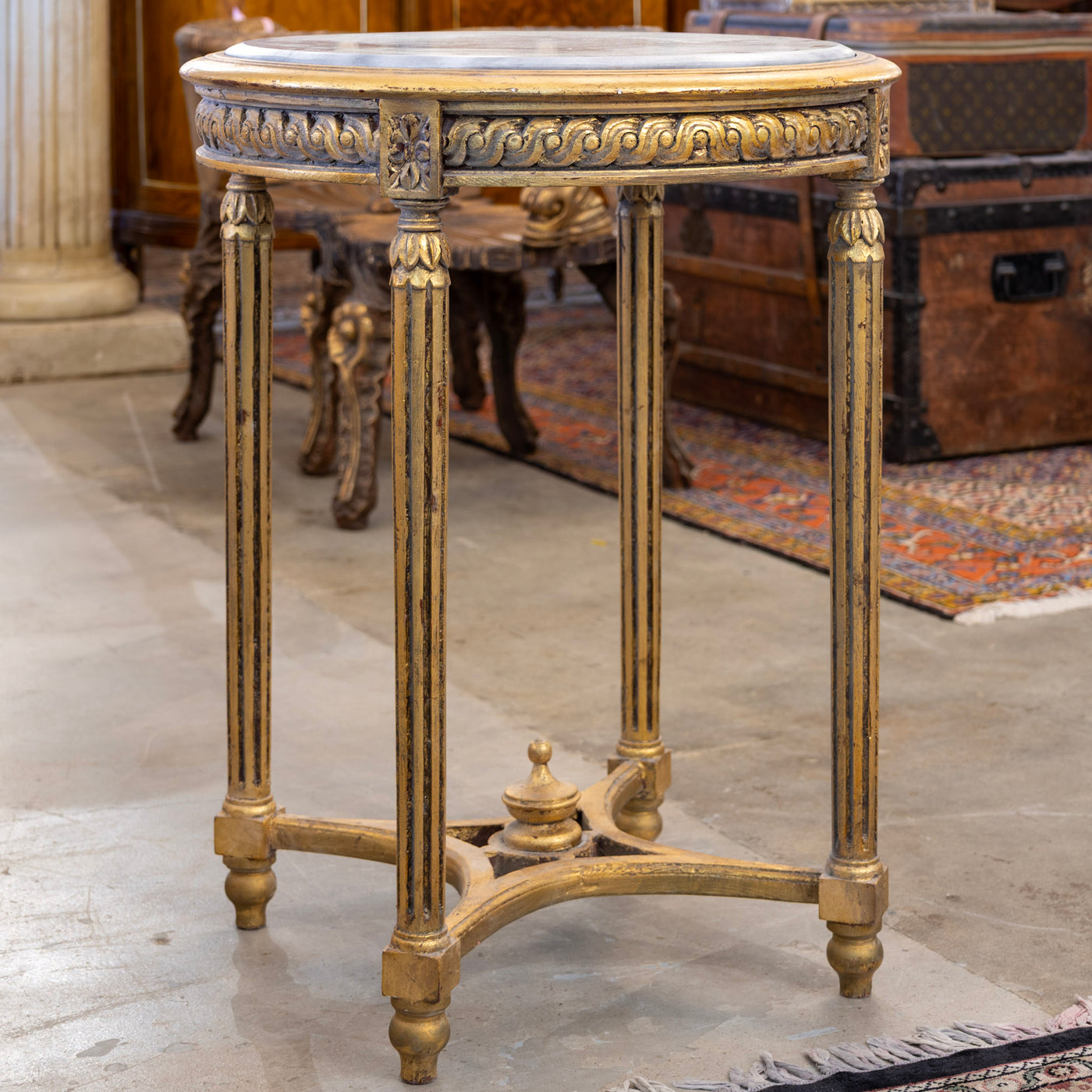 Louis XVI Side Table – Carved Trim & Dark Marble Top