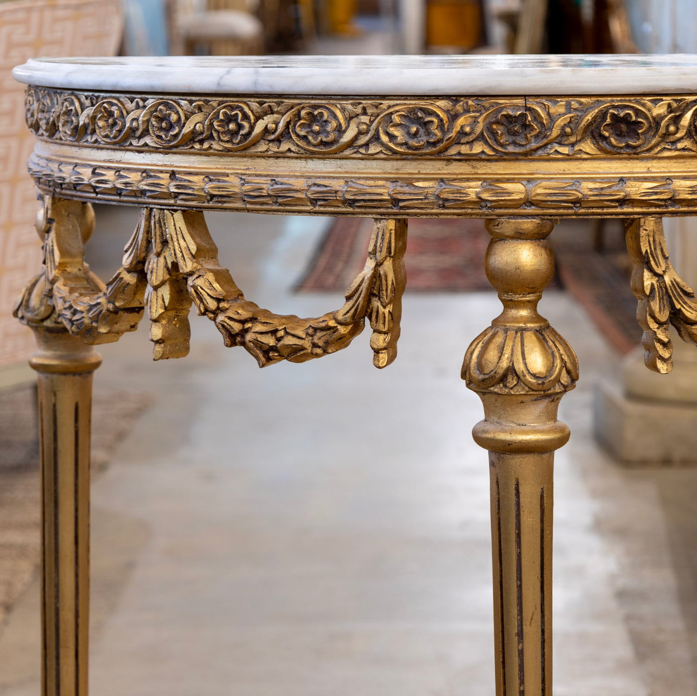 Louis XVI Demilune Console – Carved Detailing & White Marble Top