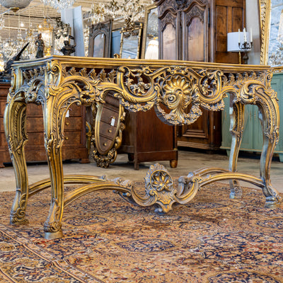 Louis XV Ornate Console Table – Detailed Gold Carvings & White Marble Top