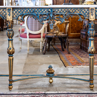 Louis XV Demilune Gilded Console Table – Blue Trim & White Marble Top