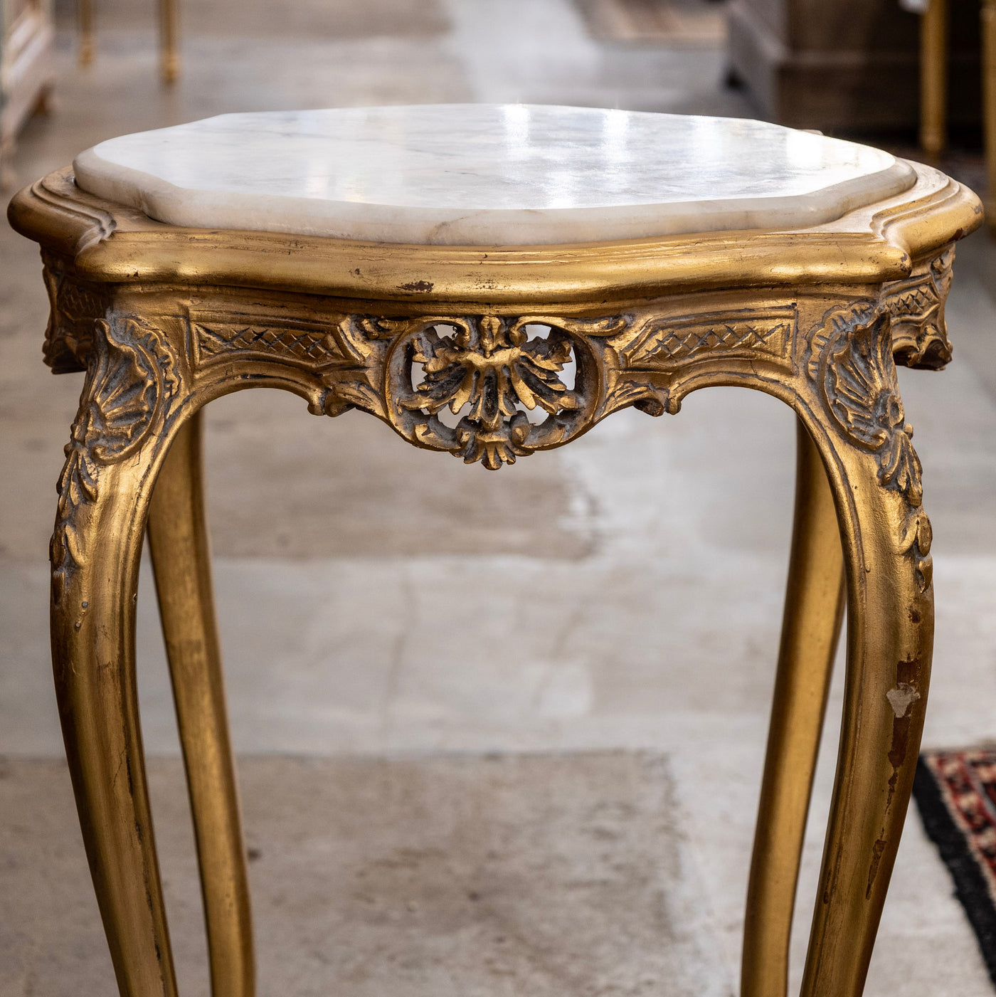 Louis XV Gilded Side Table – Cabriole Legs & White Marble Top