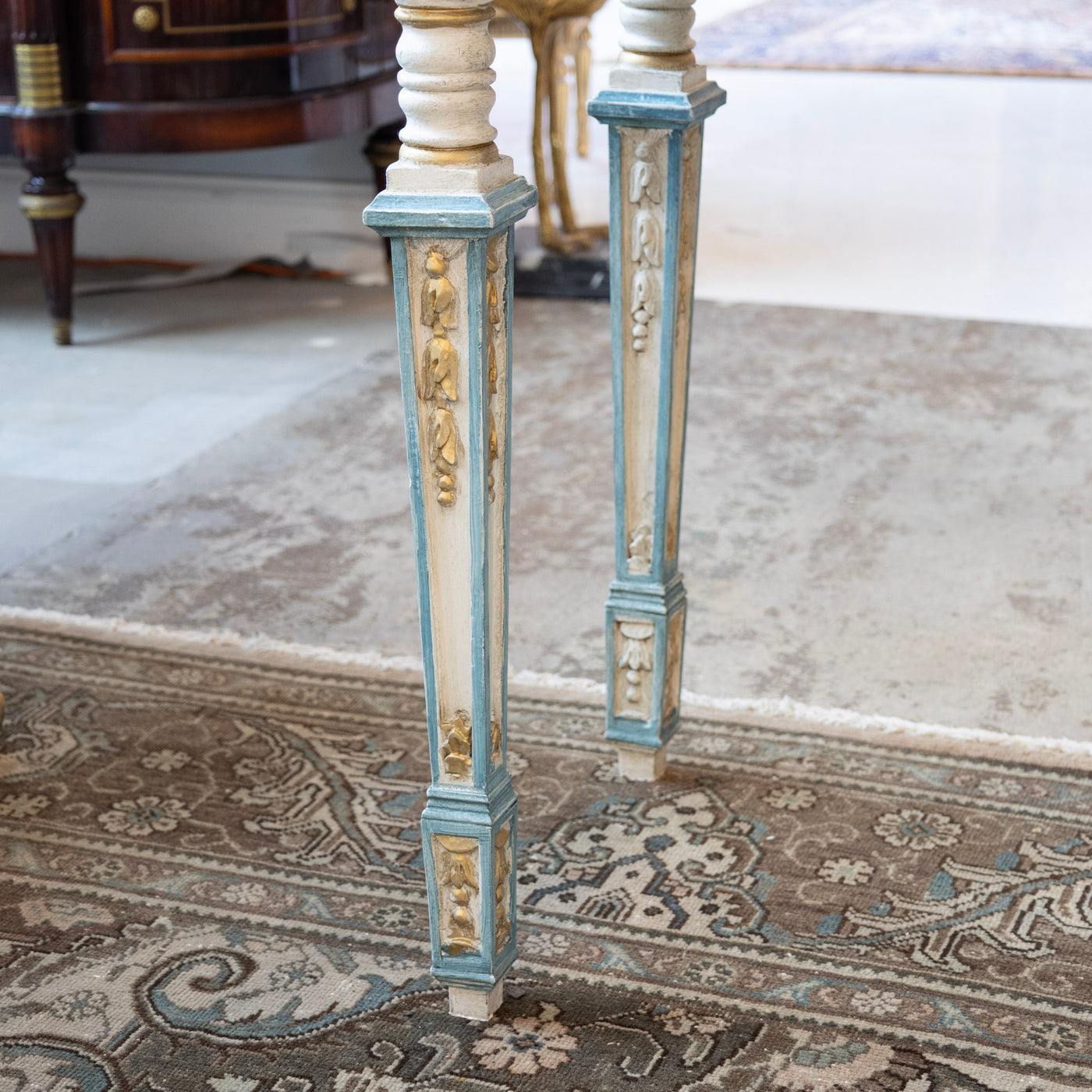 Louis XVI Gilded Console Table – Hand-Painted Blue & Gold with White Marble Top