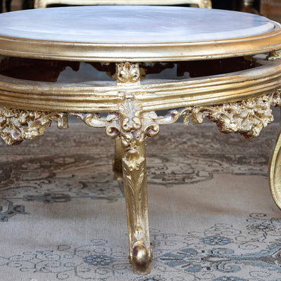 Louis XV Gilded Round Coffee Table – White Marble Top