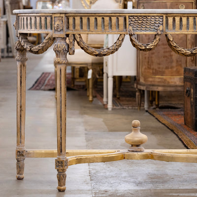 Louis XVI Demilune Console – Gilded Carvings with White Marble Top