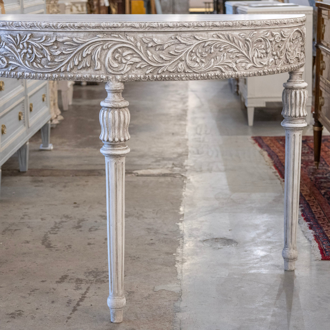 Louis XVI Carved Wood Demilune Console Table - Distressed Grey Finish