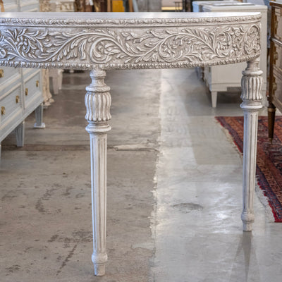 Louis XVI Carved Wood Demilune Console Table - Distressed Grey Finish
