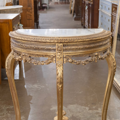 Louis XV Style Gilded Demilune Console Table – White Marble Top & Carved Trim