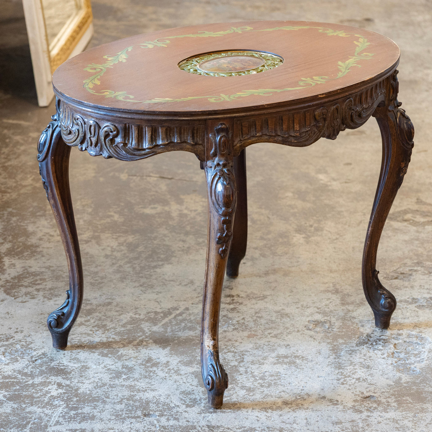 French Carved Side Table – Hand-Painted Inset Scene & Green Trim