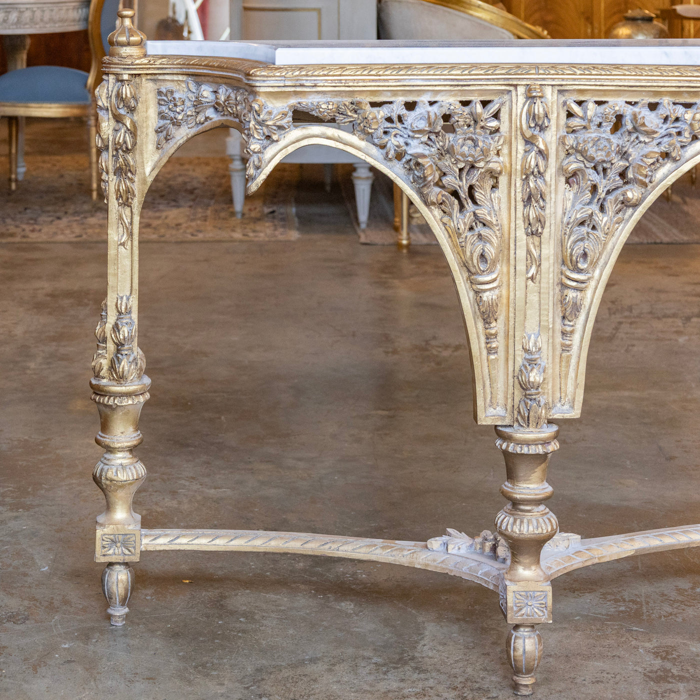 Louis XVI Ornate Gilded Console Table – Hand-Carved Florals & White Marble Top