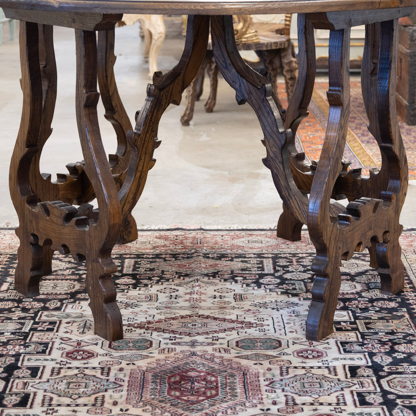 Italian Carved Sculptural Walnut Center Table – Formed By Pair of Demilune Consoles