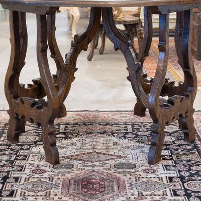 Italian Carved Sculptural Walnut Center Table – Formed By Pair of Demilune Consoles
