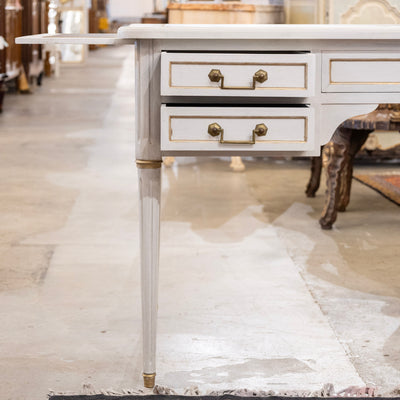 Louis XVI White Painted Desk with Gold Trim – Brown Leather Top & Slide-Out Panels