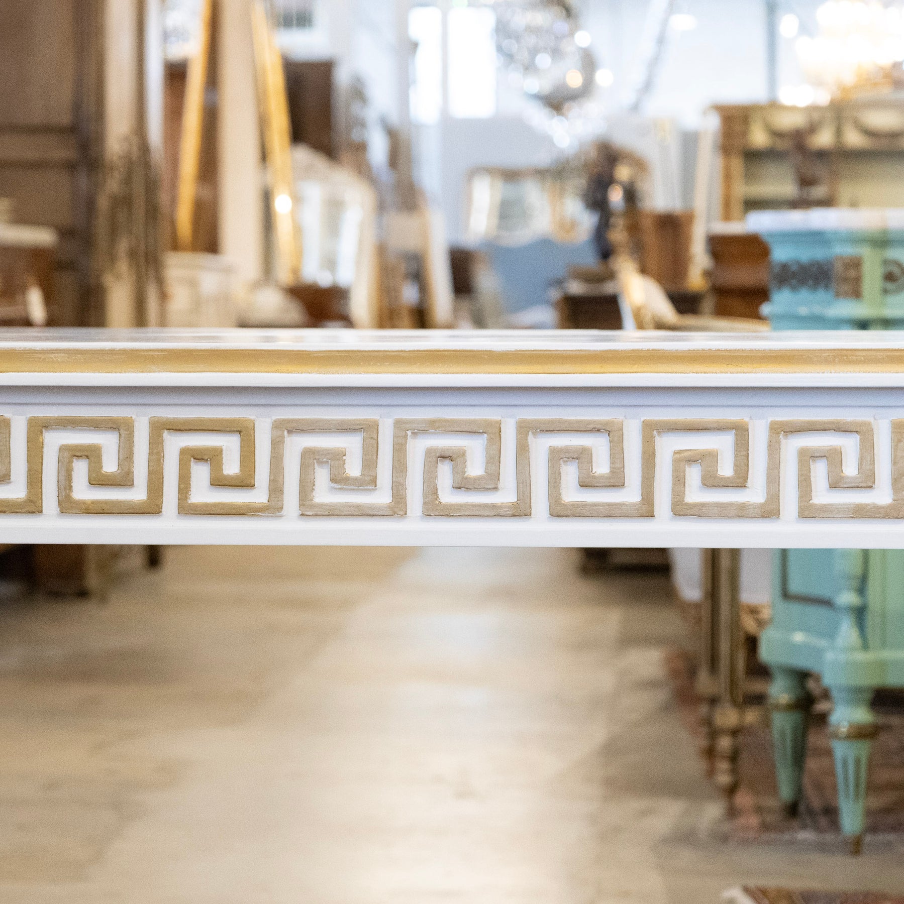 Swedish White Oval Dining Table – Gilded Greek Key Apron & Rounded Leg ...