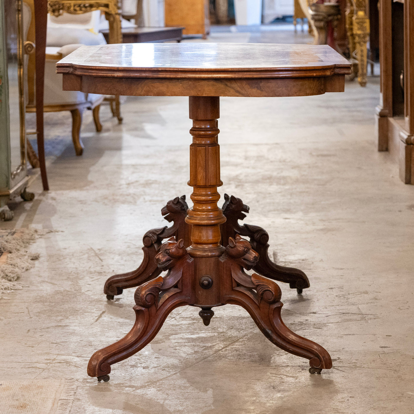 French Wood Center Table – Burl Wood Top & Carved Lion Legs on Casters