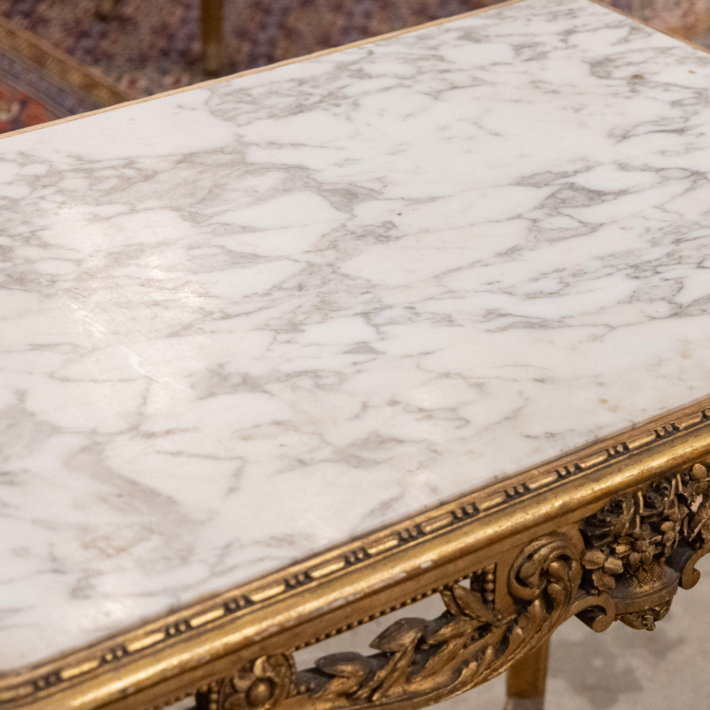 Louis XV Gilded Accent Table – Ornate Carvings & White Marble Top